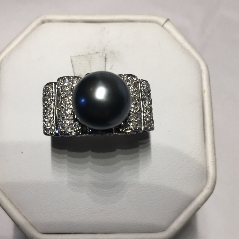 18K gold Tahitian pearl diamonds ring - Picture 1 of 5